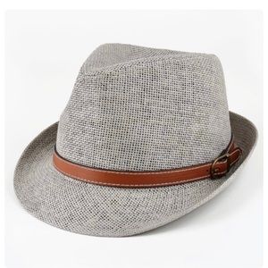 NEW Grey Classic Fedora with Brown Faux Leather Belted Accent